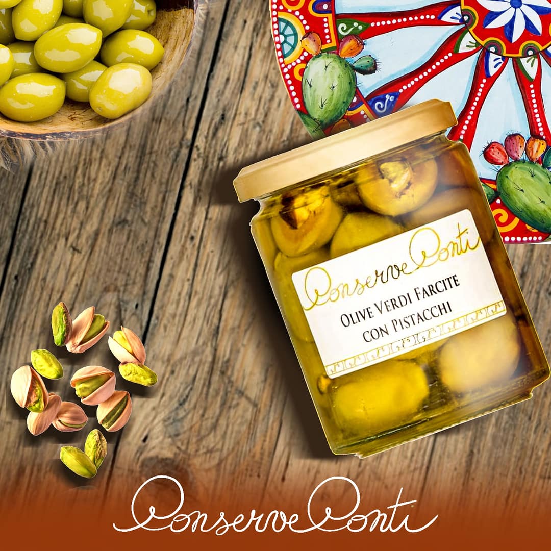 Olive verdi farcite con Pistacchi in olio extravergine d'oliva - Vaso da ml. 314 - produzione artigianale Conserve Conti - immagine 3