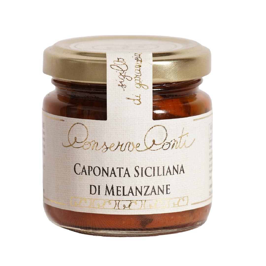 Caponata siciliana di Melanzane in olio extravergine d'oliva - Vaso da ml. 106 - produzione artigianale Conserve Conti