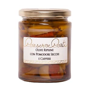 Olive ripiene con pomodori secchi e capperi in olio extravergine d'oliva - Vaso da ml. 314 - produzione artigianale siciliana Conserve Conti