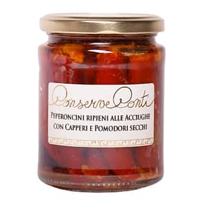 Peperoncini ripieni alle acciughe con capperi e pomodori secchi in olio extravergine d'oliva  - Vaso da ml. 314 - produzione artigianale siciliana Conserve Conti