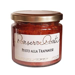 Pesto alla trapanese in olio extravergine d'oliva - Vaso da ml. 212 - ricetta tipica siciliana con mandorle, pomodori secchi, basilico, formaggio pecorino - produzione artigianale Conserve Conti