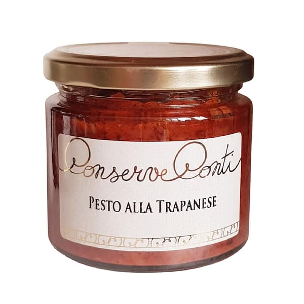 Pesto alla trapanese in olio extravergine d'oliva - Vaso da ml. 212 - ricetta tipica siciliana con mandorle, pomodori secchi, basilico, formaggio pecorino - produzione artigianale Conserve Conti