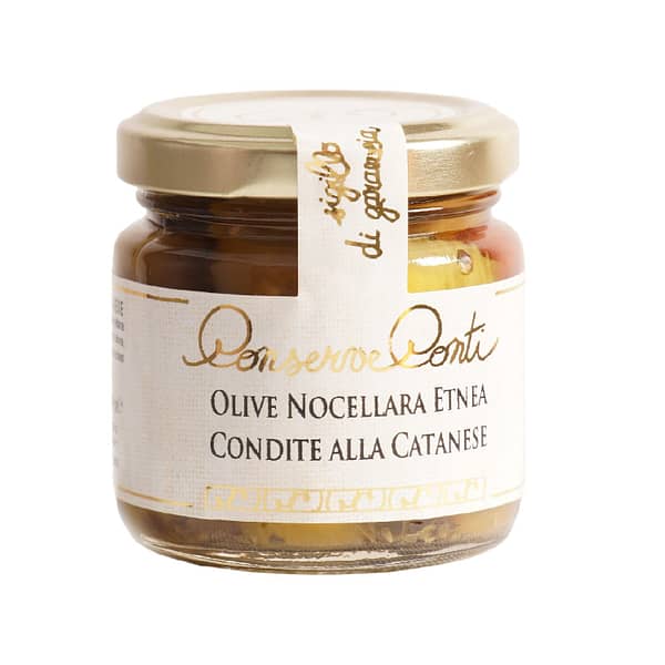 Olive verdi "Nocellara Etnea" condite alla catanese in olio extravergine d'oliva - vaso da ml. 106 - produzione artigianale