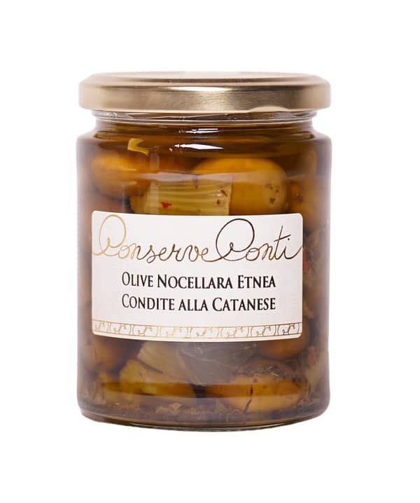 Olive verdi "Nocellara Etnea" condite alla catanese in olio extravergine d'oliva - vaso da ml. 314 - produzione artigianale