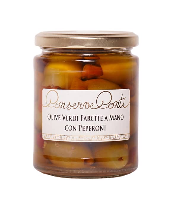 Olive verdi farcite a mano con peperone  in Olio Extravergine d'Oliva - Vaso da ml. 314 - produzione artigianale Conserve Conti