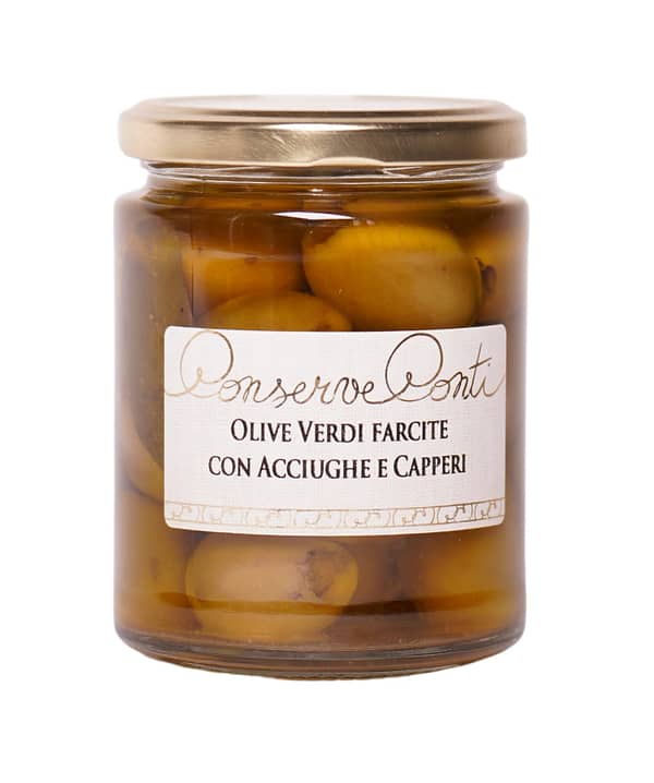 Olive verdi farcite con Acciughe e Capperi in olio extravergine d'oliva - Vaso da ml. 314 - produzione artigianale Conserve Conti