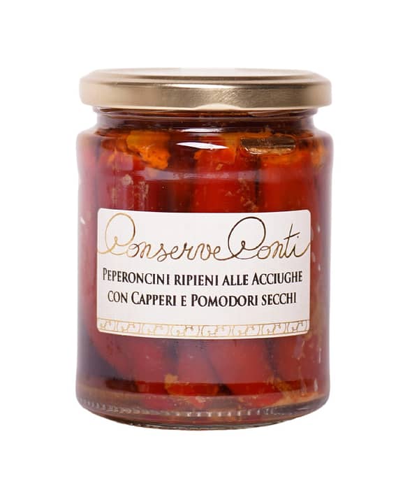 Peperoncini ripieni alle acciughe con capperi e pomodori secchi in olio extravergine d'oliva  - Vaso da ml. 314 - produzione artigianale siciliana Conserve Conti