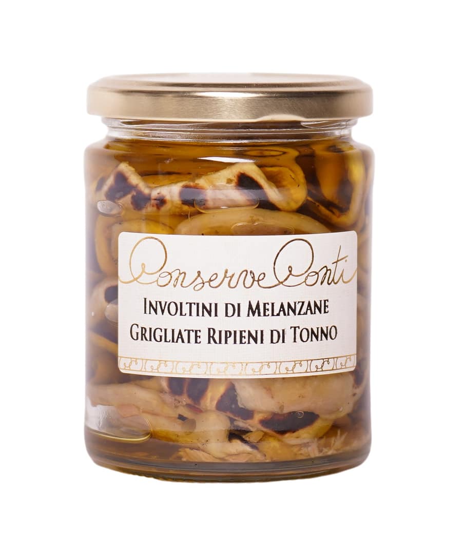 Involtini di melanzane grigliate ripieni di tonno in Olio Extravergine d'Oliva Vaso da ml. 314 produzione artigianale siciliana Conserve Conti