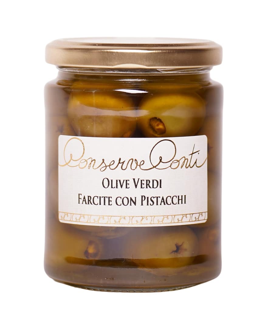 Olive verdi farcite con Pistacchi in olio extravergine d'oliva - Vaso da ml. 314 - produzione artigianale Conserve Conti