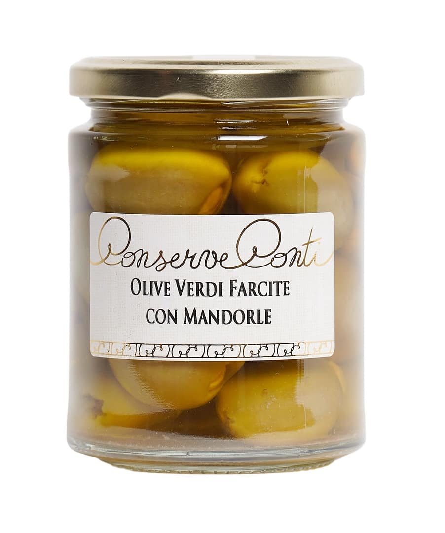 Olive verdi farcite con Mandorle in olio extravergine d'oliva - Vaso da ml. 314 - produzione artigianale Conserve Conti