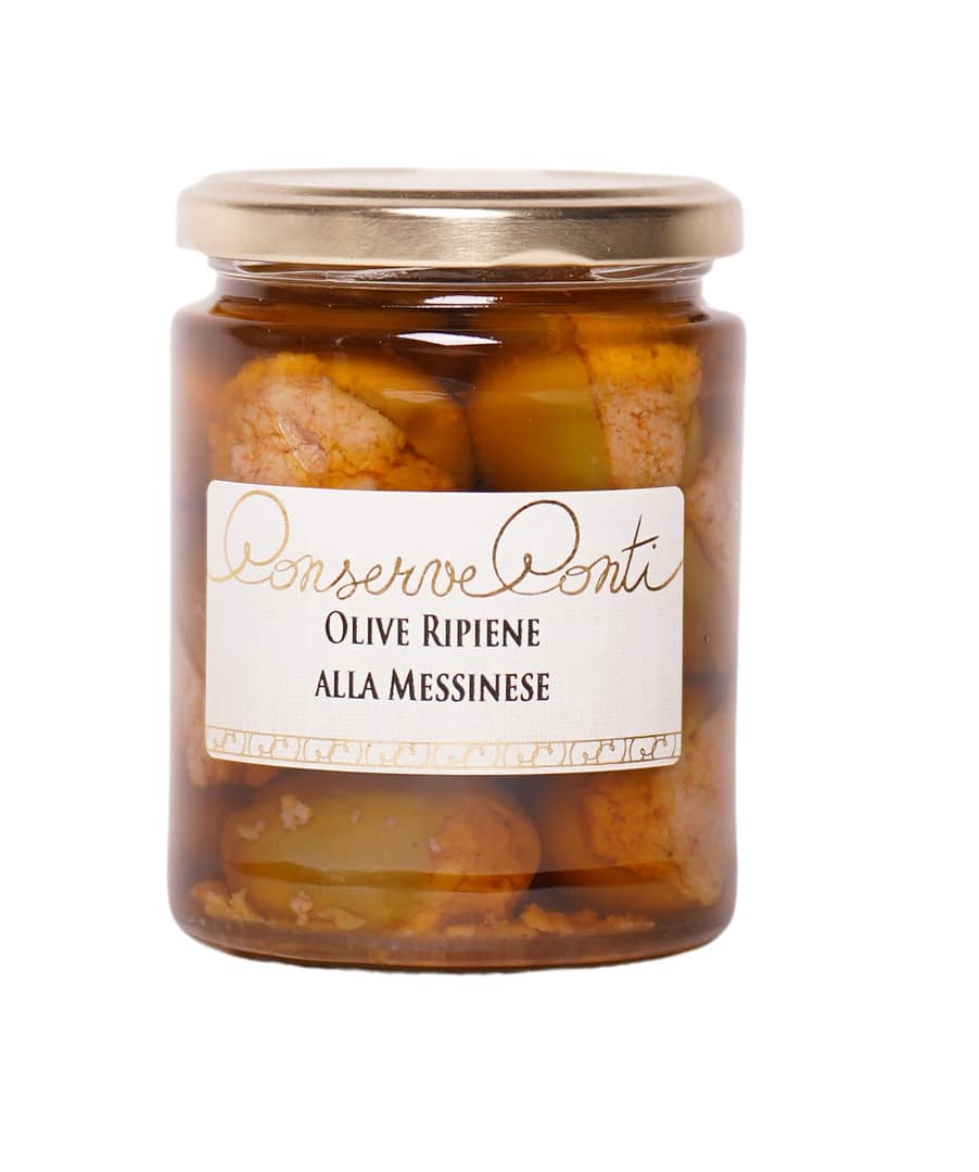 Olive ripiene alla Messinese in olio extravergine d'oliva - Vaso da ml. 314 - produzione artigianale Conserve Conti