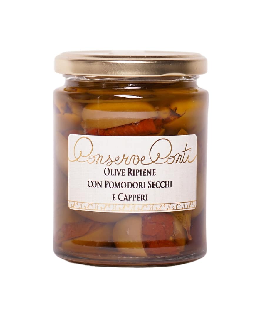 Olive ripiene con pomodori secchi e capperi in olio extravergine d'oliva - Vaso da ml. 314 - produzione artigianale siciliana Conserve Conti