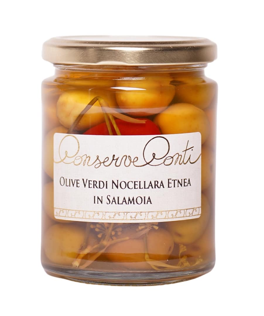 Olive verdi "NOCELLARA ETNEA" in salamoia - Vaso da ml. 314 - produzione artigianale Conserve Conti